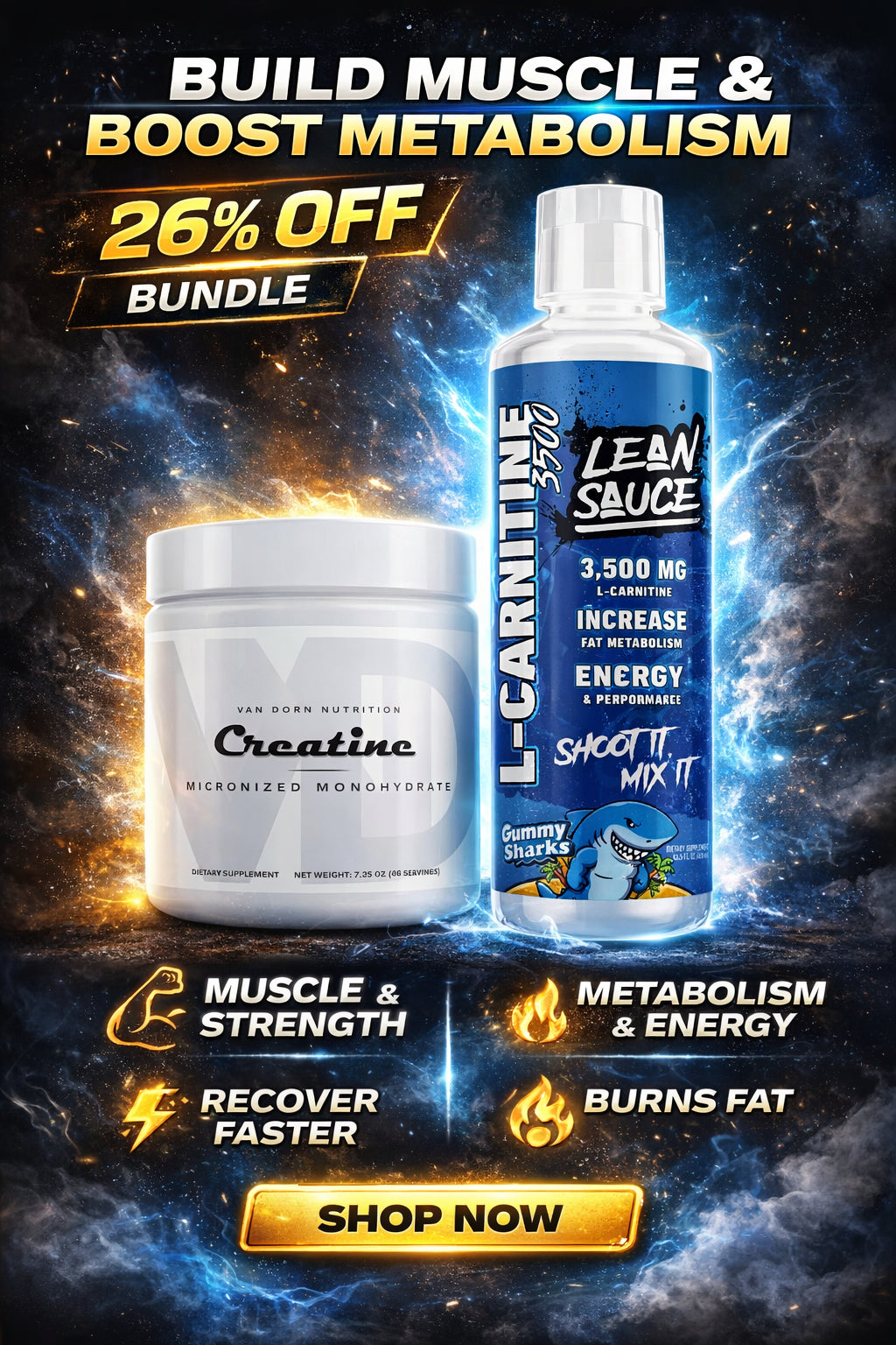 CREATINE-CARNITINE STACK: CREATINE MONOHYDRATE (Muscle + Recovery) + L-Carnitine 3500 (Metabolism + Energy)